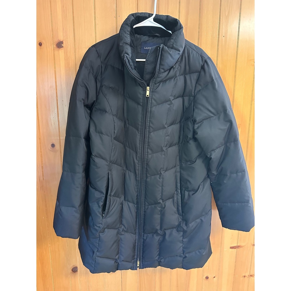Lands End Womens Black Quilted Down Puffer Coat Mid Length Size L 14-16 Zip Up